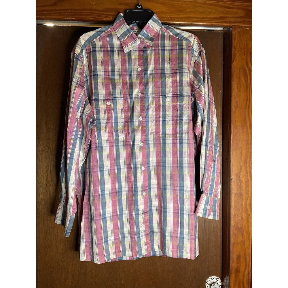 John Patrick Silk Button Casual Dress Shirt Plaid Oversized Removable Collar